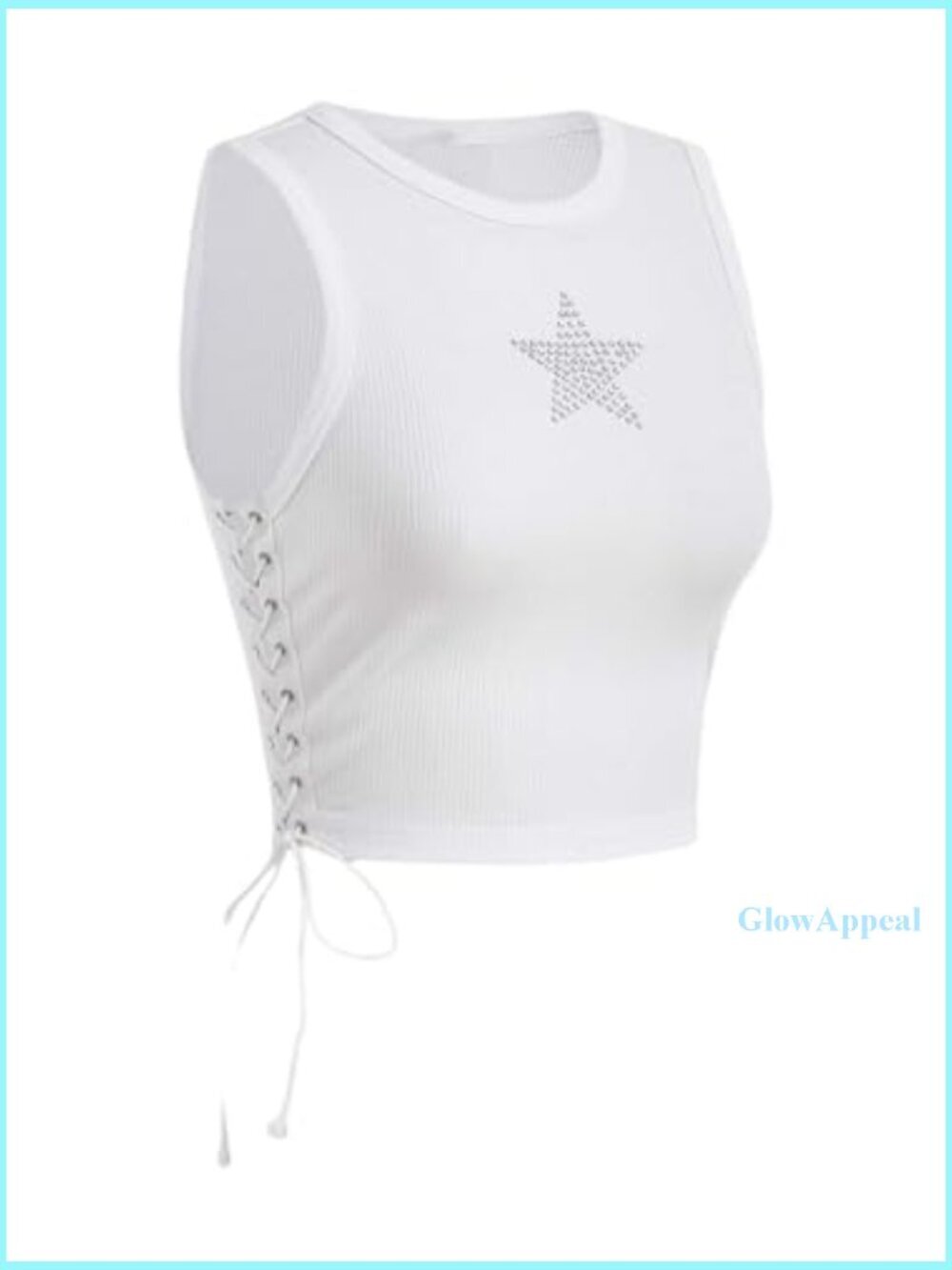 Sleeveless Ribbed Crop Tank Top with Star Rhinestone Lace-Up Detail - Picture 4 of 7